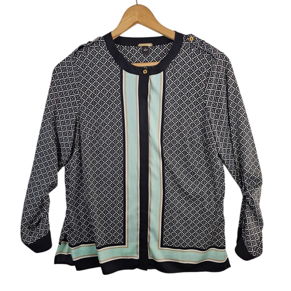 Dana Buchman Blouse Shirt Top Size 6 Hidden Gold Button Up Black & Mint